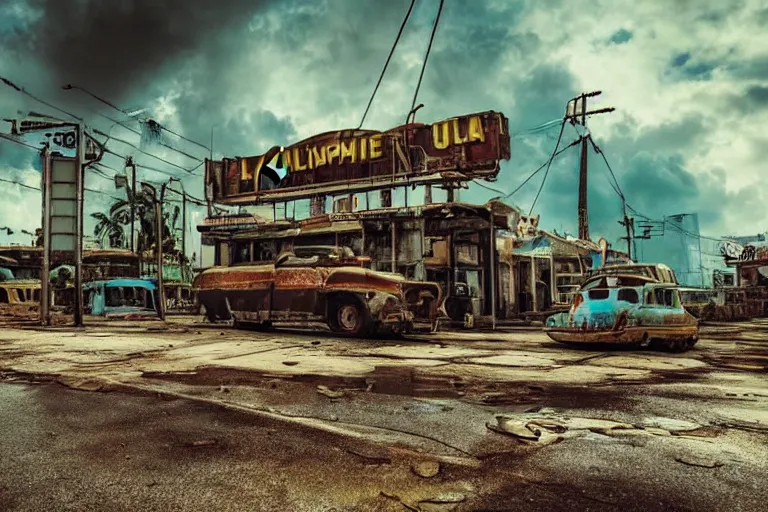 Image similar to low wide angle shot of dilapidated fallout 5 miami, tropical coastal city, desolate, dilapidated neon signs, few rusted retro futuristic vintage parked vehicles like cars, buses, trucks, trams, volumetric lighting, photorealistic, foggy, rain daytime, autumn, overcast weather, sharp focus, ultra detailed, 4 0 0 0 k