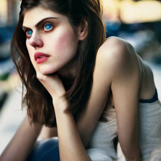 Image similar to closeup portrait of alexandra daddario in a smoky new york back street, photograph, natural light, detailed face, magazine, press, photo, Steve McCurry, David Lazar, CANON Eos C300, ƒ1.8, 35mm