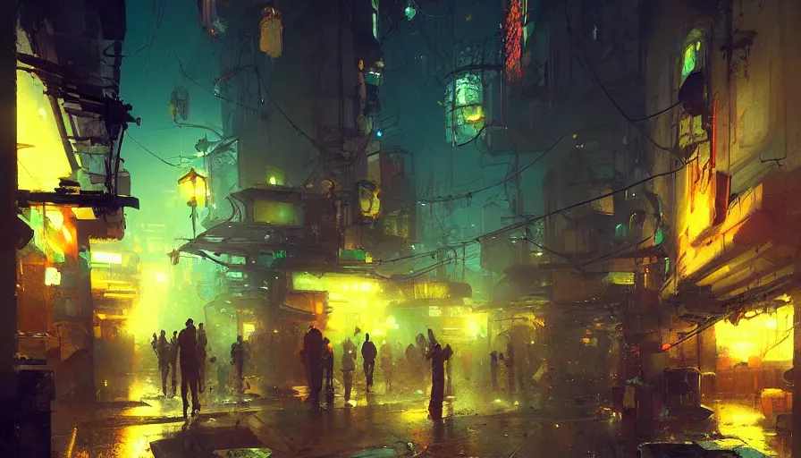 Prompt: an alley of a futuristic city at night by craig mullins and ismail inceoglu, atmospheric, fine details, vivid, neon, masterpiece, bokeh