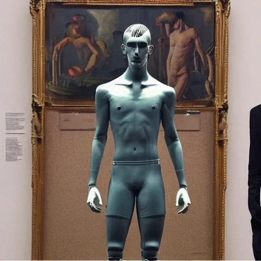 Image similar to “ a realistic detailed photo of a guy who is an attractive humanoid who is half robot and half humanoid, who is a male android, soccer player antoine griezmann, shiny skin, posing like a statue, blank stare, at the museum, on display ”