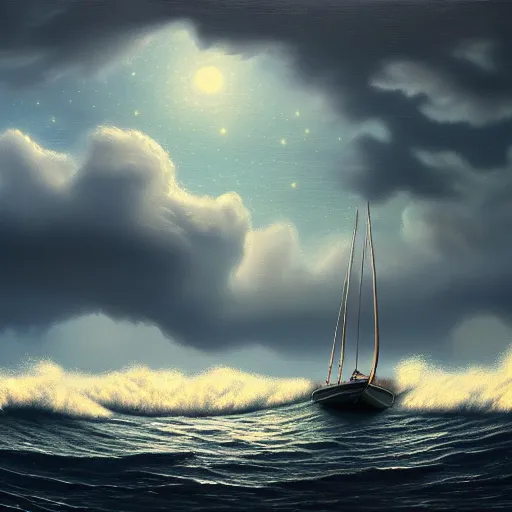 Image similar to a real photographic landscape painting with incomparable reality, super wide, ominous sky, sailing boat, wooden boat, lotus, huge waves, starry night, harry potter, volumetric lighting, clearing, realistic, james gurney, artstation - h 1 0 2 4