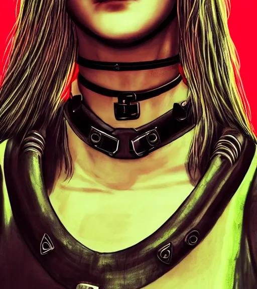 Image similar to detailed realistic female character cyberpunk wearing thick steel collar around neck, realistic, art, beautiful, 4K, collar, choker, collar around neck, punk, artstation, detailed, female, woman, choker, cyberpunk, neon, punk, collar, choker, collar around neck, thick collar, tight around neck, punk, choker, neon, neon, cyberpunk, technological