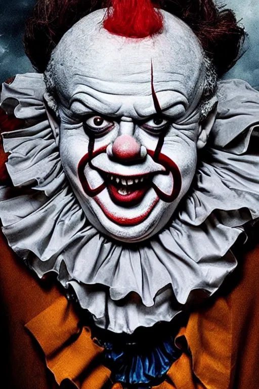 Image similar to ' danny devito as pennywise, it 2 0 1 7, andy muschietti. poster, movie poster, sharp, coherent, clean, artistic, award winning poster!!!!!!!