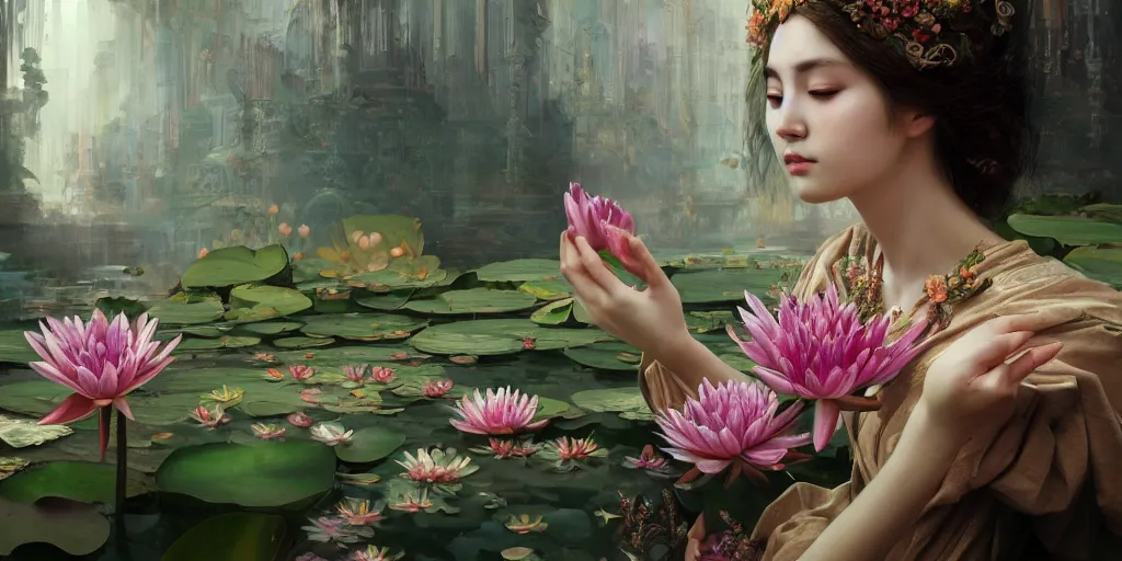 Prompt: breathtaking detailed concept art painting of the goddess of water lily flowers, orthodox saint, with anxious, piercing eyes, ornate background, amalgamation of leaves and flowers, by volegov and Hsiao-Ron Cheng, extremely moody lighting, 8K