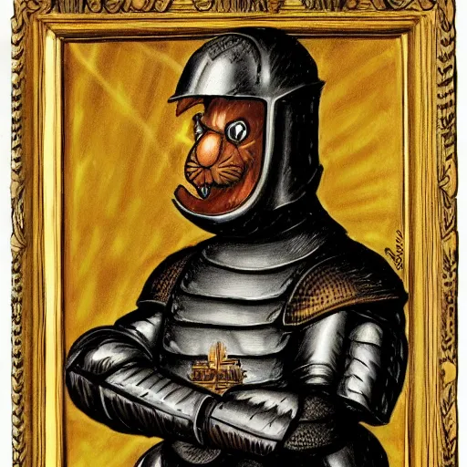 Prompt: garfield in a black armour, in front of a mirror in the style of an old painting