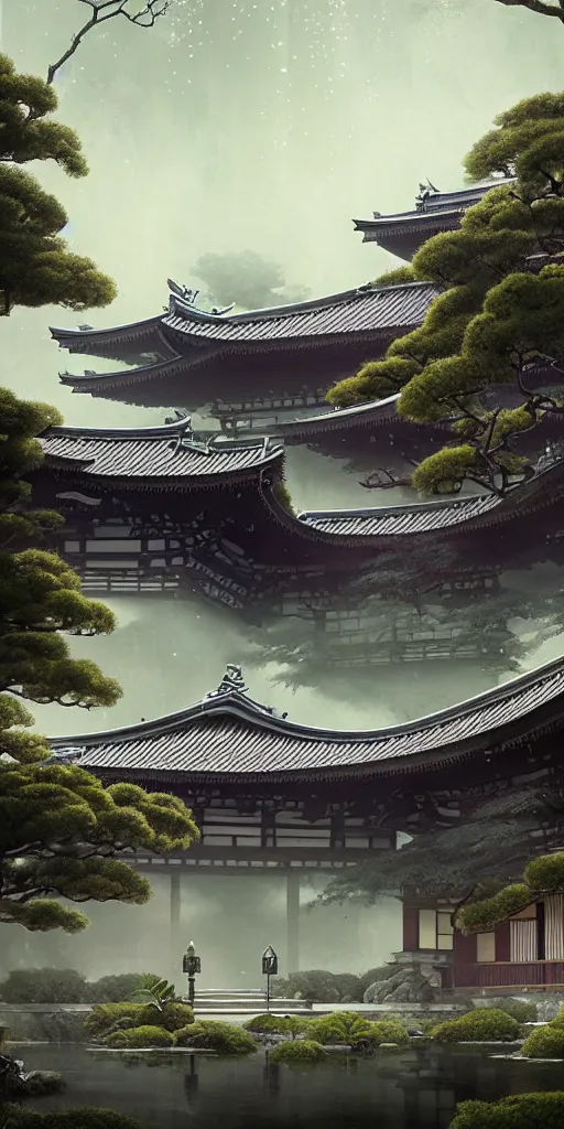 Image similar to japanese style palace under attack, hyper realistic, lush gnarly plants, 8 k, denoised, by greg rutkowski, tom bagshaw, james gurney cozy atmospheric and cinematic lightingg