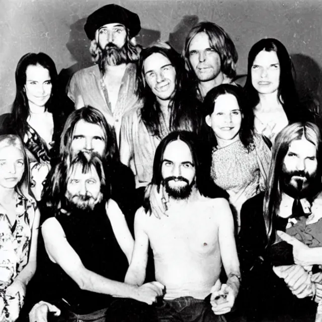 Prompt: the manson family christmas photo