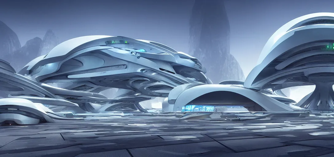 Image similar to a futuristic solarpunk spaceport, designed by zaha hadid, sci - fi, digital art by paul chadeisson