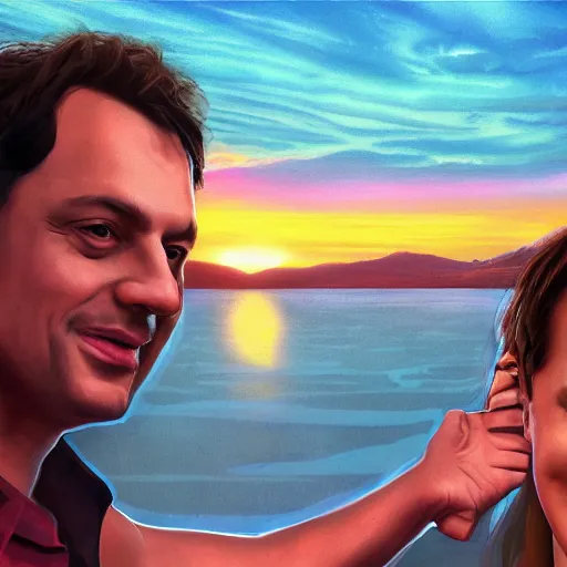 Image similar to krubi is happy to pose with orban next to lake balaton sunset, highly detailed illustration, trending on artstation, hyper realistic, ambient lightning