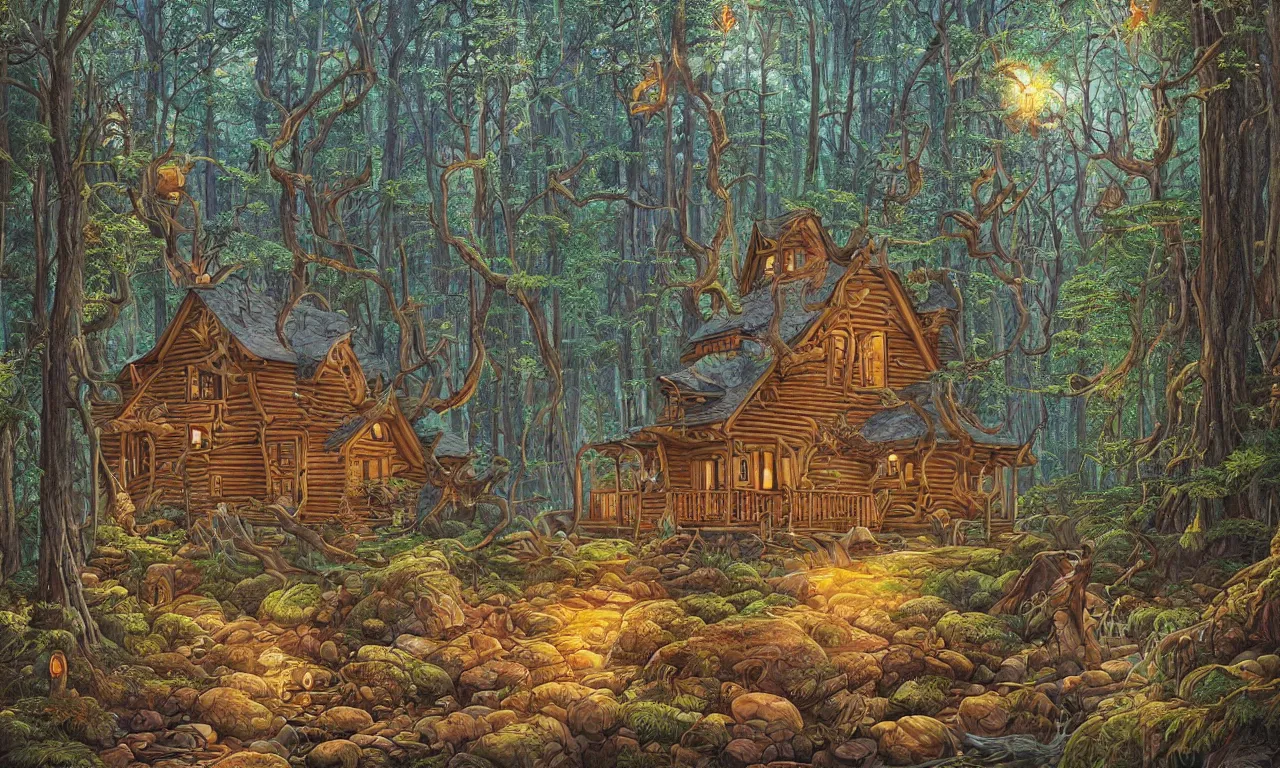 Image similar to a cabin in a mystical forest filled with grand magic, illustration painting, oil on canvas, intricate, hd, digital art, overdetailed art, complementing colors, detailed, illustration painting by alex gray, digital art, moebius