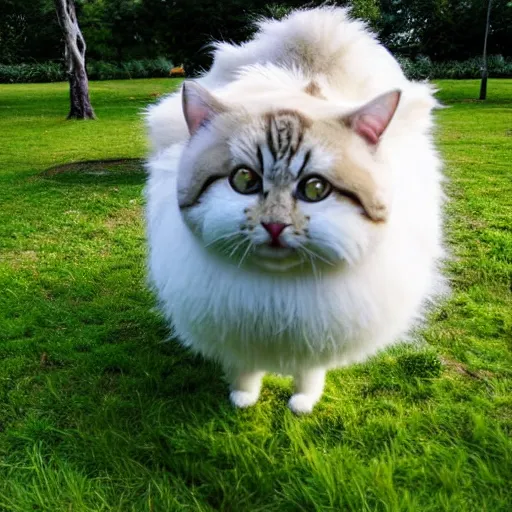 Image similar to giant! cat larger than trees with fur overwhelmingly ( very very fluffy! ) giant! puffy fur in a park drone picture