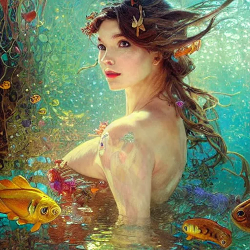 Prompt: portrait of a beautiful fairy woman, submerged underwater filled with colorful small fish and coral reef, fantasy, regal, intricate, by stanley artgerm lau, greg rutkowski, thomas kindkade, alphonse mucha, loish, norman rockwell