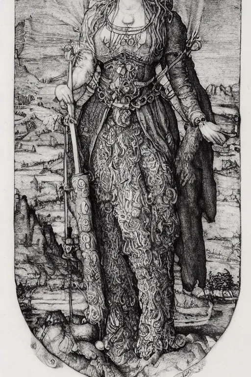 Prompt: albrecht durer, albrecht altdorfer, hans holbein, lucas cranach, gustave dore, engraving-style tattoo of regal female boddhisatva with the attributes of Diana, Athena, Guanyin, Shakti, Deborah, and Seshat, wearing a robe, standing gracefully upon a lotus, surrounded by egrets and northern wetland flora