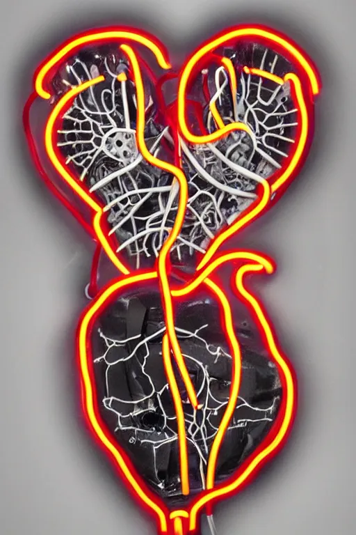 Image similar to a mechanical anatomical human heart made from marble, covered in neon wires