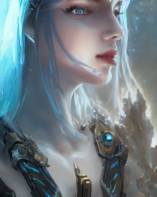 Image similar to holy cyborg necromancer girl, elegant, scifi, futuristic, utopia, garden, illustration, atmosphere, top lighting, blue eyes, white hair, focused, artstation, highly detailed, art by yuhong ding and chengwei pan and serafleur and ina wong