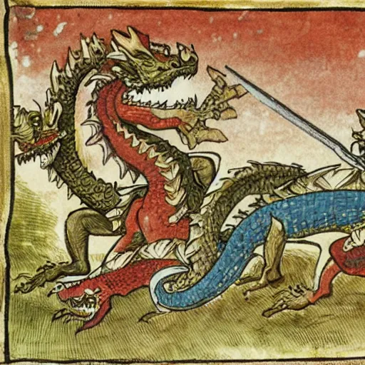 Prompt: two dragons in a castle fighting knights in the middle ages