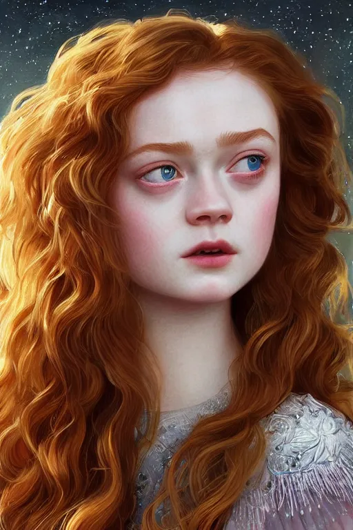 Image similar to Sadie Sink, sparkling eyes, stars in her eyes, shining eyes, grinning, elegant, enticing, sharp features, big flowing hair, traditional roman armor, highly detailed, digital painting, artstation, concept art, smooth, sharp focus, beautiful face, expressive eyes, illustration, art by Artgerm and greg rutkowski and alphonse mucha