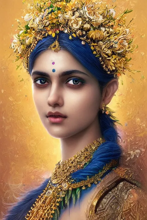 Image similar to a pale Indian girl with white hair, floral crown, sad blue eyes, cinematic lighting, ultra detailed, highly detailed, sharp focus, golden background with flowers, golden jewellery with blue sapphires, photographic, art by artgerm and greg rutkowski and zdislav beksinski