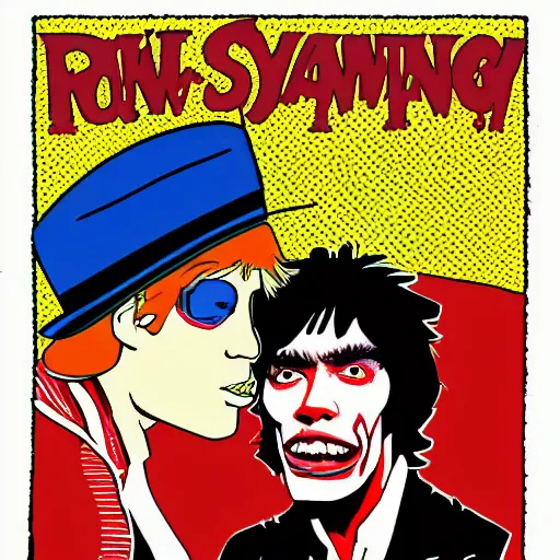 Image similar to a man with a hat, and a t - shirt with a rolling stones picture, carrying a guitar, then around it was written punk writing. pop art style images. symmetrical anatomy. without duplication of images. without repeating the same image. by mel ramos and hariton pushwagner