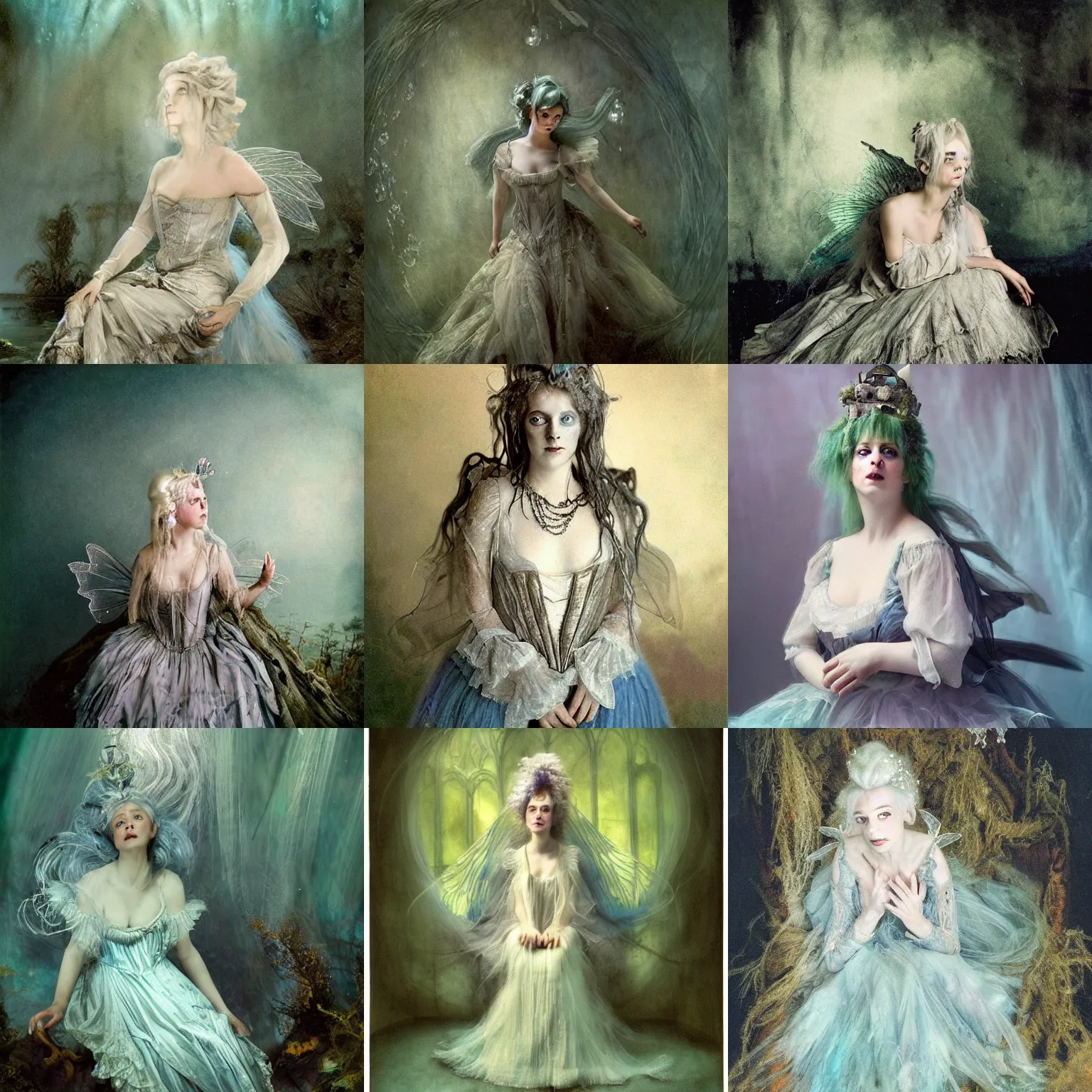 Prompt: A silver haired mad, narcissistic, ghost like fairy princess from the 18th century, dressed in a ragged, dirty, Queen Victoria's wedding dress, sits alone in her scarry underwater palace. mystical, atmospheric, greenish blue tones, underwater photography, concept art by Annie Stegg Gerard, Ian David Soar, John Anster Fitzgerald, and John Everett Millais