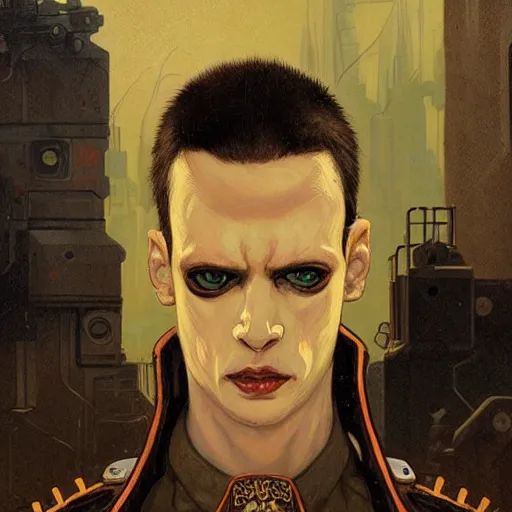 Image similar to portrait of rubbery, gaunt albino mutant with moist skin, sharp features, large lips, huge black eyes and determined expression, wearing fascist Byzantine police uniform and standing on cyberpunk docks, Dune concept art by Anato Finnstark, Alphonse Mucha, and Greg Rutkowski