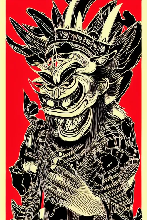 Image similar to some japanese guy wearing oni mask, and bring skateboard, hang out with homies. pop art, without duplicating image!!!, symmetrical, extreme details, digital painting, vector image, concept art, smooth, sharp focus, illustration, intricate, art by richard hamilton and mimmo rottela, pixels art by kirokaze and paul robertson