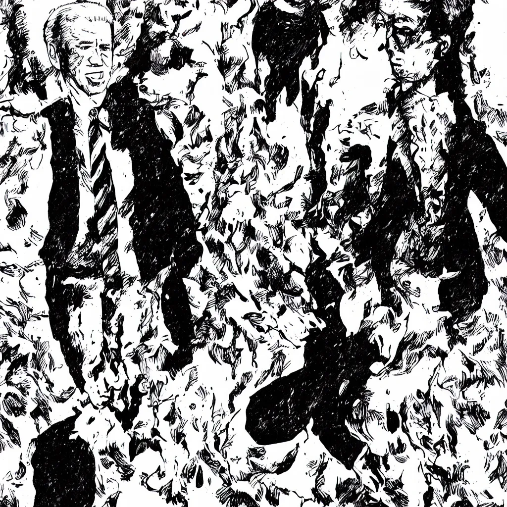 Image similar to Joe Biden full body portrait, body horror, black and white Illustration by Junji Ito