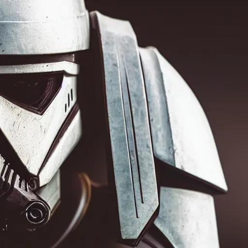 Image similar to close - up cyberpunk stormtrooper, moody lighting, 8 k, shallow depth of field, cinematic lighting,