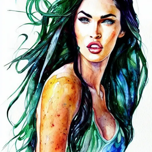 Image similar to megan fox, watercolor art, watercolor painting, aquarelle, fantasy, ultra detailed, color