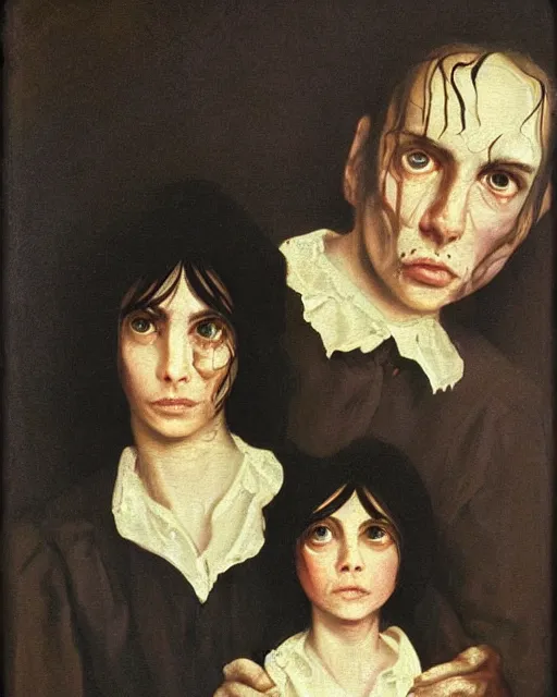 Prompt: a baroque painting of two beautiful but creepy siblings wearing linen shirts in layers of fear, with haunted eyes and dark hair, 1 9 7 0 s, seventies, wallpaper, a little blood, morning light showing injuries, delicate embellishments, painterly, offset printing technique, by brom, robert henri, walter popp