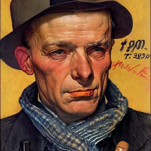 Image similar to Full face portrait of a 1950's leftwing outlaw, by Norman Rockwell.