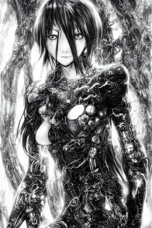 Image similar to a vertical portrait of a character in a scenic environment by Yoshitaka Amano, black and white, dreamy, cybernetic suit, wavy long black hair, highly detailed