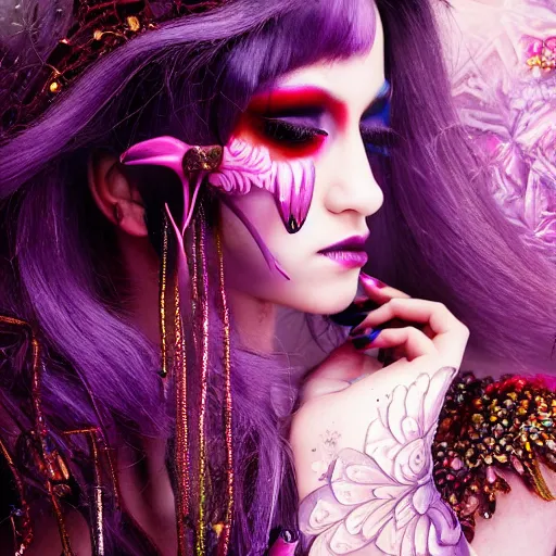 Prompt: Ethereal, mysterious stunning maximalist mesmerizing girl from the rainbow sky paradise, high-tech, professional high fashion model photo shoot for vampire goth fashion, hyperdetailed by Mark Ryden and artgerm and Hiroyuki-Mitsume Takahashi, close-up 35mm macro shot, hyperrealism, 8k resolution 3D, cinematic, dynamic lighting, octane render, unreal engine 5