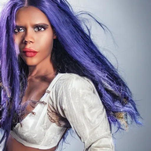 Image similar to portrait of a woman with darker skin with long blue hair and blue eyes, movie still, high definition, colored