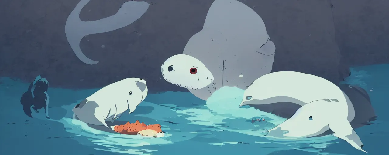 Image similar to piranhas devouring a baby harp seal, blood in the water, atey ghailan, goro fujita, studio ghibli, rim light, dark lighting, clear focus, very coherent