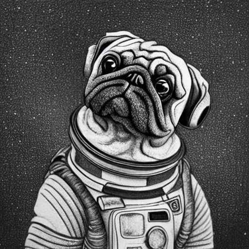 Image similar to pencil art, golden - ratio, spirals, highly detailed, astronaut pug in outer space by davinci.