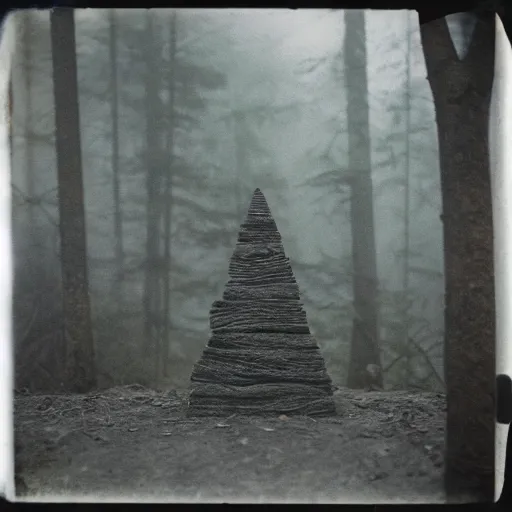 Prompt: a stone pyramid in the middle of a forest clearing, foggy, eerie, creepy, unsettling, lost footage, old polaroid, expired film,