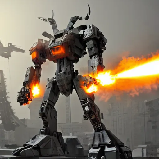 Image similar to six meter tall mech firing at tanks, futuristic city, mechanized art concept, 3 d render, marble statue, pacific rim action scene