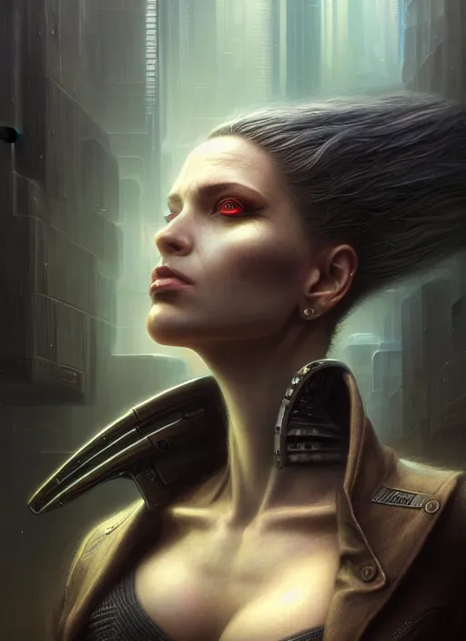 Image similar to closeup portrait shot of a cyberpunk female in a scenic dystopian environment, intricate, elegant, highly detailed, centered, digital painting, artstation, concept art, smooth, sharp focus, illustration, artgerm, tomasz alen kopera, peter mohrbacher, donato giancola, joseph christian leyendecker, wlop, boris vallejo