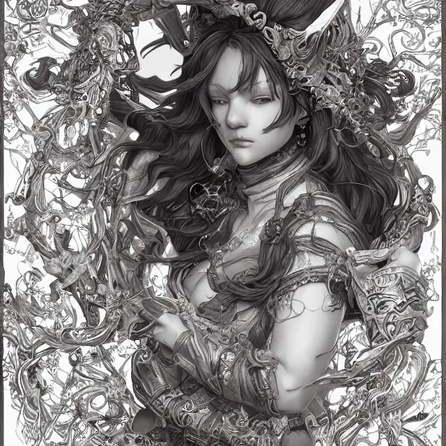 Image similar to the portrait of chaotic good female druid alchemist as absurdly beautiful, gorgeous, elegant, gravure idol, an ultrafine hyperdetailed illustration by kim jung gi, irakli nadar, intricate linework, sharp focus, bright colors, octopath traveler, final fantasy, unreal engine 5 highly rendered, global illumination, radiant light, detailed and intricate environment