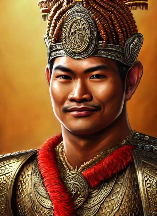 Prompt: smart ramkhamheang, closeup portrait, without beard and mustache, historical hero, ethnic group, tai costume, thai transitional bronze headdress, intricate, with leather armor cross on bare chest, elegant, loin cloth, highly detailed, oil painting, artstation, concept art, matte, sharp focus, illustration, hearthstone, art by earl norem
