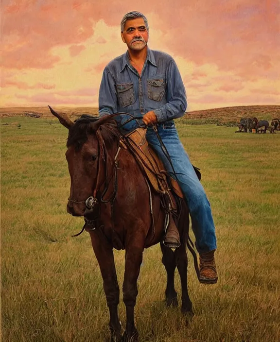 Image similar to portrait of george clooney as a rural texas rancher, art by denys tsiperko and bogdan rezunenko and julian onderdonk, hyperrealism