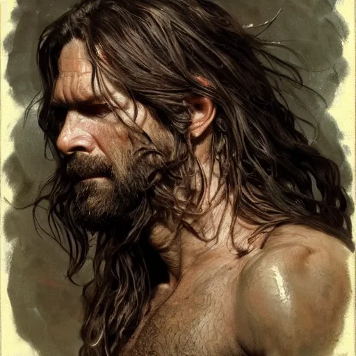 Prompt: portrait of the god of the forest, 40 years old, long hair, rugged, male, gorgeous, detailed face, amazing, hairy torso, muscular, intricate, highly detailed, digital painting, artstation, concept art, sharp focus, illustration, art by greg rutkowski and alphonse mucha