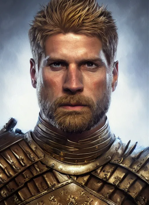 Image similar to highly detailed oil painting, masterpiece portrait warrior guard male lannister, fantasy character portrait, dynamic pose, above view, top lighting, realistic shaded, perfect face, 8 k realistic, hyper detailed, digital painting, artstation, concept art, hyper detailed eyes, cinematic lighting, dynamic pose, above view, perfect eyes