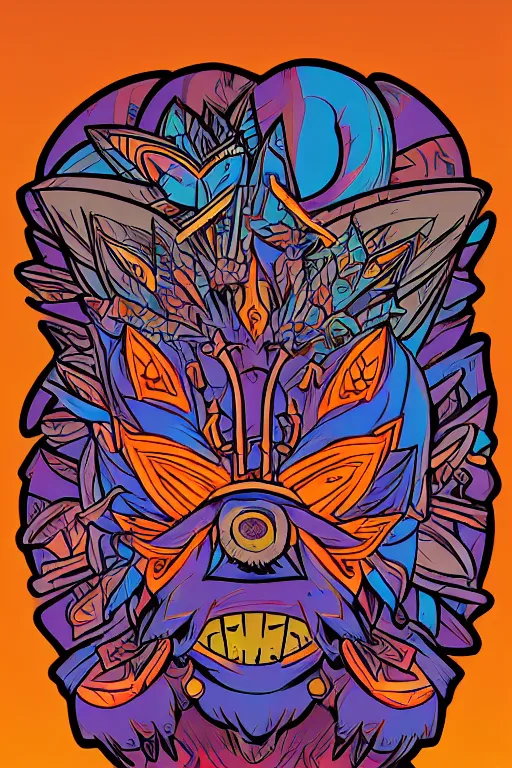 Image similar to animal mask totem roots flower tribal feather gemstone plant wood rock shaman vodoo video game vector cutout illustration vivid multicolor borderlands comics by josan gonzales and dan mumford radiating a glowing aura