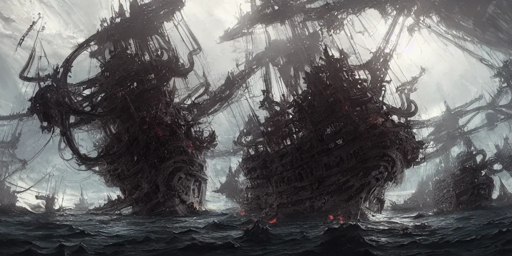 Image similar to A medieval ship flotilla on fire is getting destroyed by a giant kraken sea monster, tentacles, chaos, view from above. In style of Yoji Shinkawa and Hyung-tae Kim, trending on ArtStation, Greg Rutkowski, dark fantasy, great composition, concept art, highly detailed, scenery.