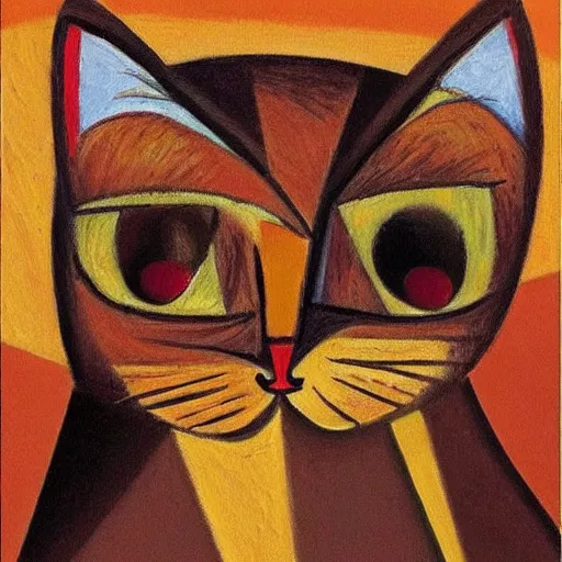 Prompt: a vibrant oil painting of a completely brown brown brown brown cat by Picasso, cubism,, detailed, realistic, cute