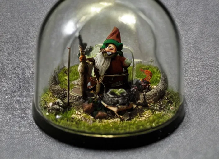 Prompt: a glass dome containing a level 6 druid gnome, intricate mechanics, dnd, daguerreotype, detailed