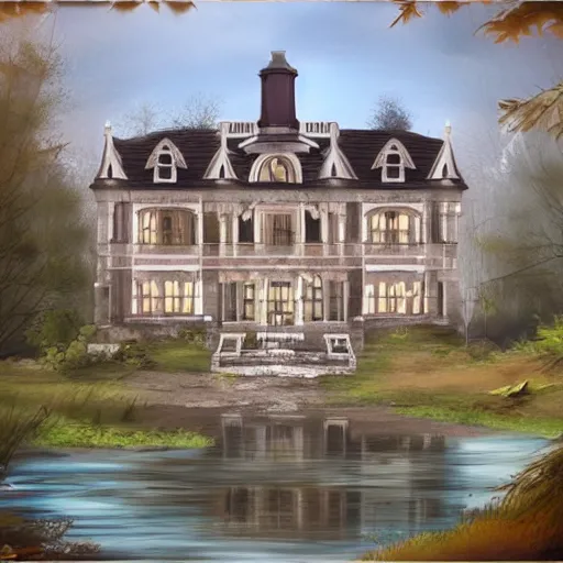 Image similar to old mansion in the woods beside a lake, artstation