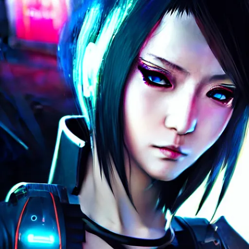 Image similar to An epic comic hyperrealistic anime painting of a cyber warrrior girl wearing futuristic wardrobe, black and silver, ultradetailed face expression trending on artstation and artbreeder, cyberpunk 2077 color, heavy rainning at tokyo street night, neon ligh, DAZ, 8k, unreal 5 engine render, cosplay, RPG portrait, final fantasy Vll world concept, dramatic lighting, rim lights, PS5 render quality